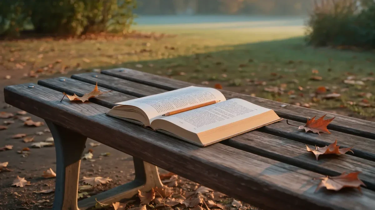 Annotated paperback left open on a park bench