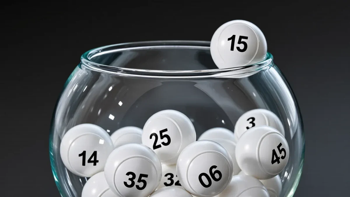 Close-up of numbered draw balls in a glass bowl before a draw