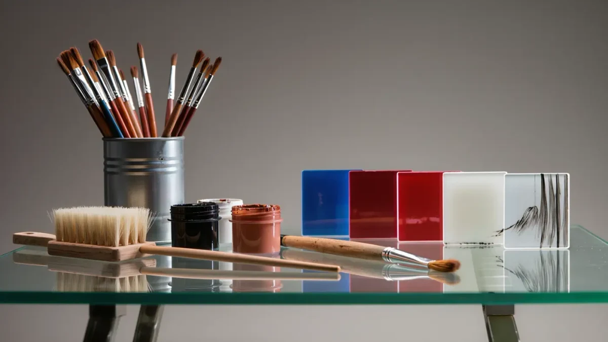 Glass painter’s brushes, paint pots and colored glass sample tiles