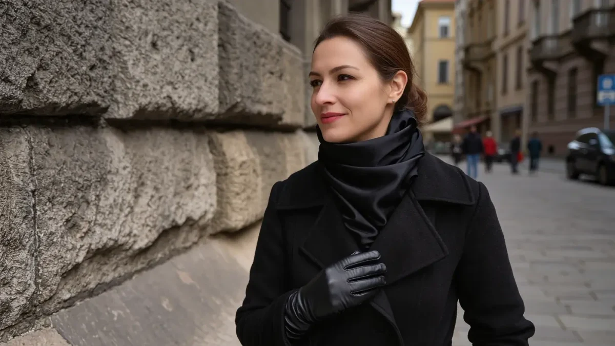 Woman in black wool coat and silk scarf walking past a stone wall