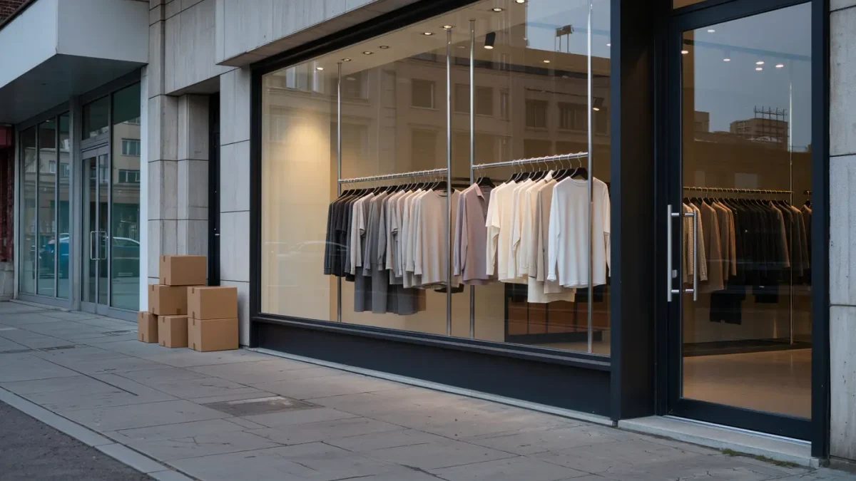 Stacked parcel boxes beside a fashion storefront window on a city street