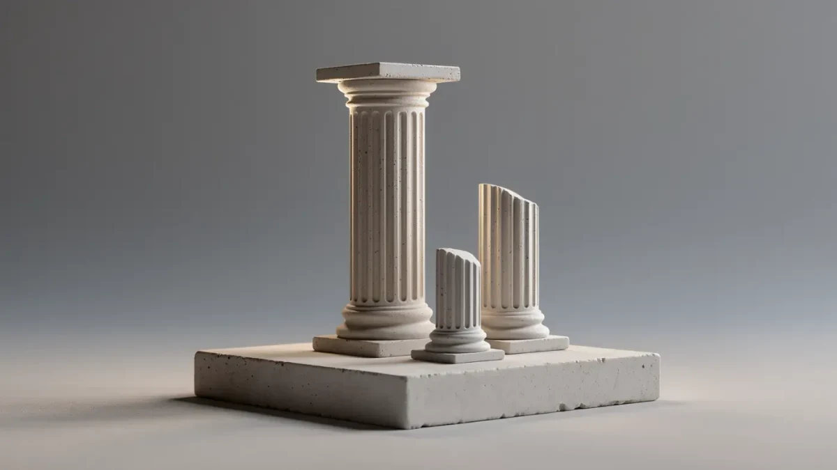 Miniature stone columns of different heights standing on a studio plinth