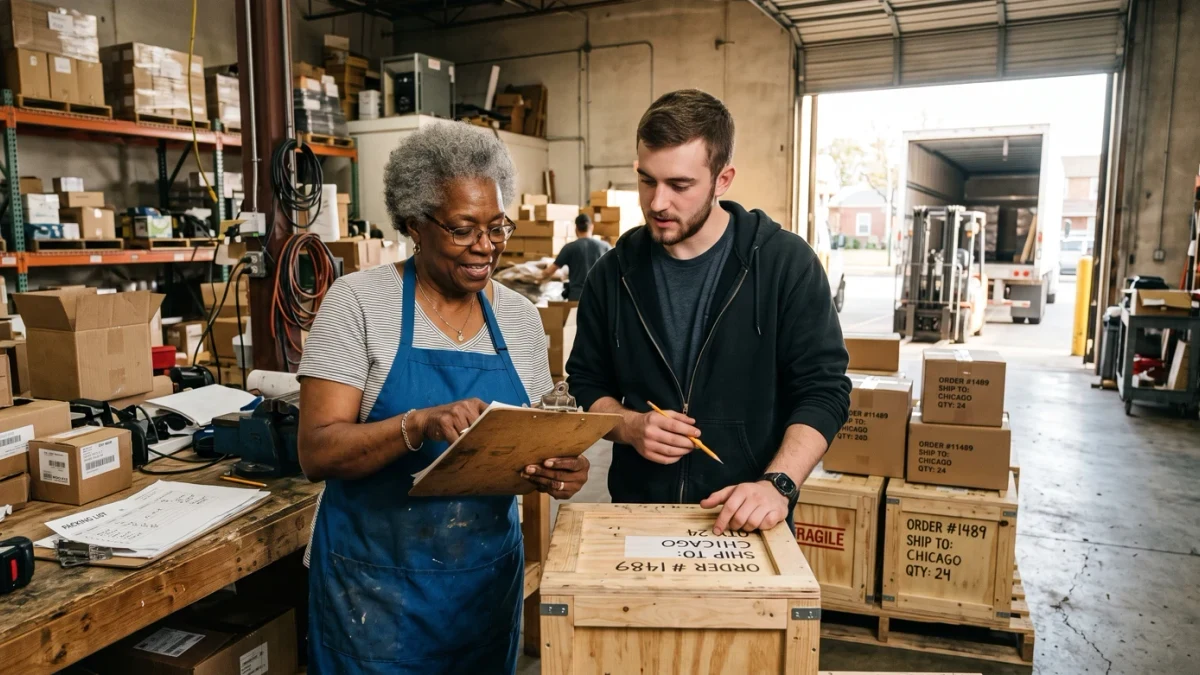 Warehouse staff packing goods for government shipment
