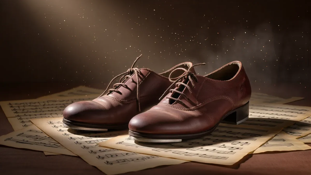 A close-up of tap shoes and sheet music under stage light