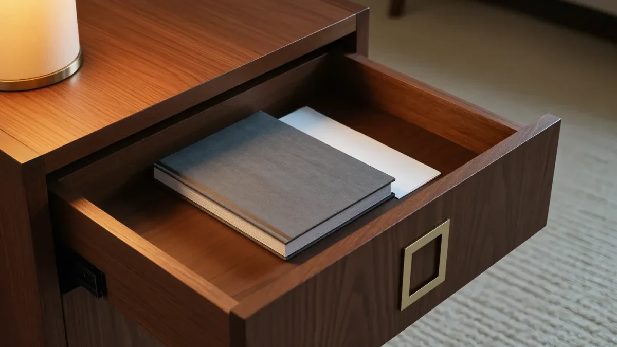 Hotel nightstand drawer holding a dark book on folded stationery