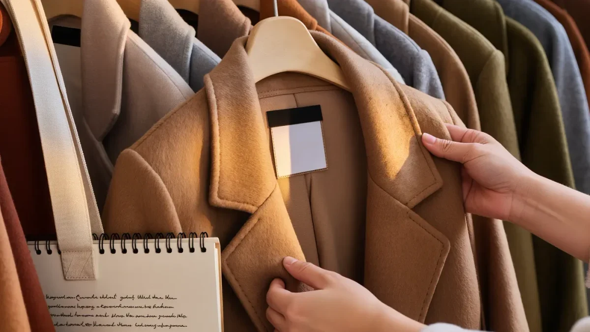 Close-up of hands checking a wool coat label on a second-hand shop rail