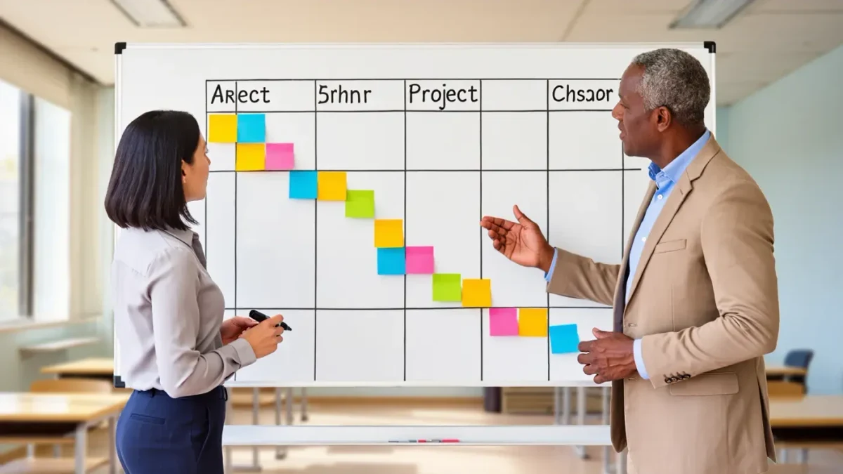 Two teachers mapping a project timeline on a whiteboard with sticky notes