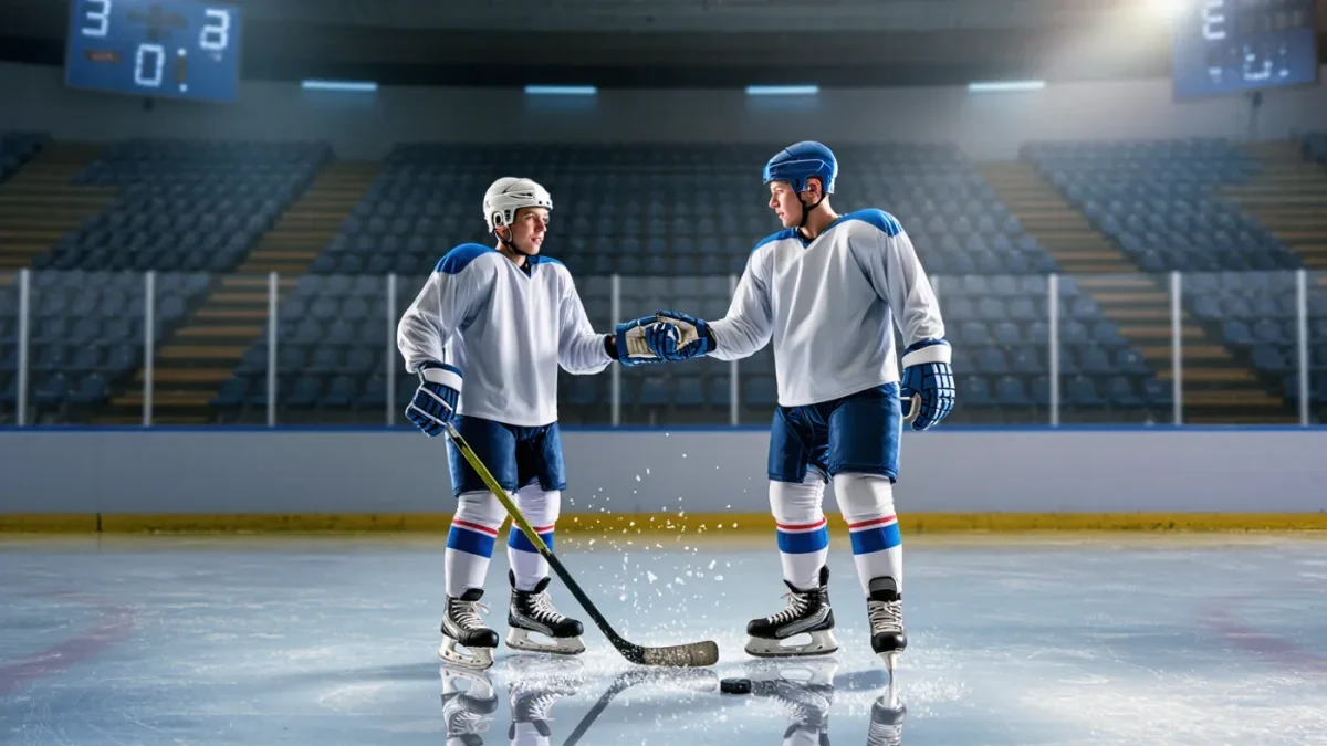Two tired hockey rivals shaking hands after an overtime game
