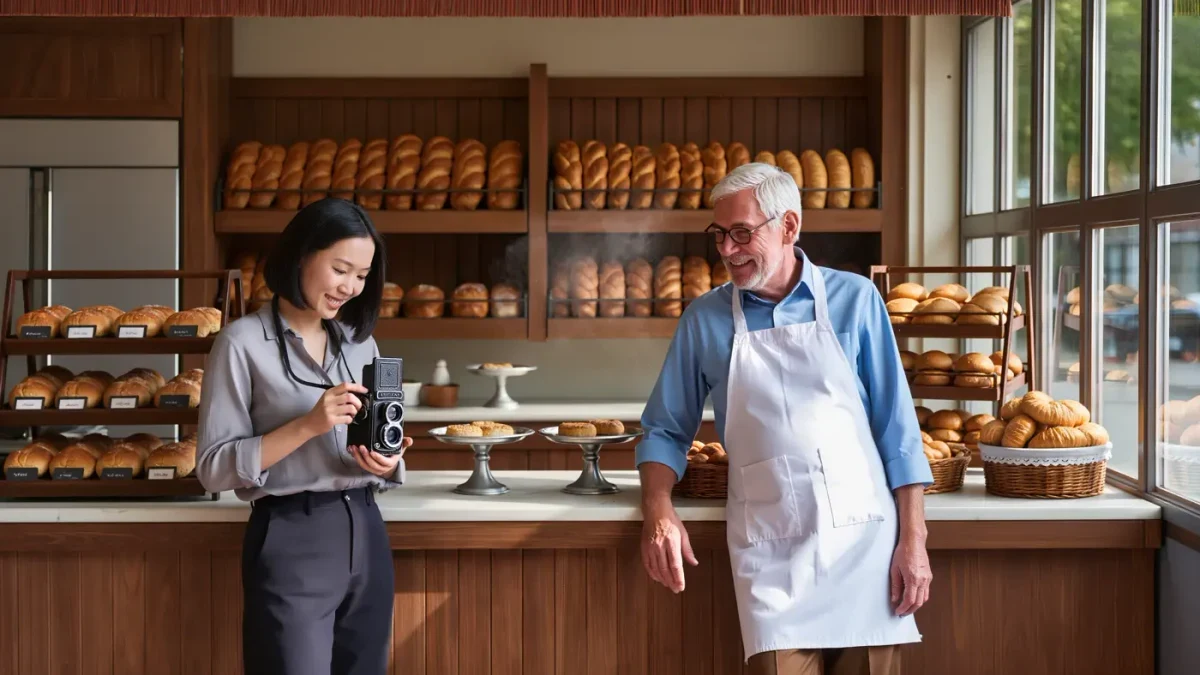 Photographer focusing a waist-level twin-lens reflex while a baker watches