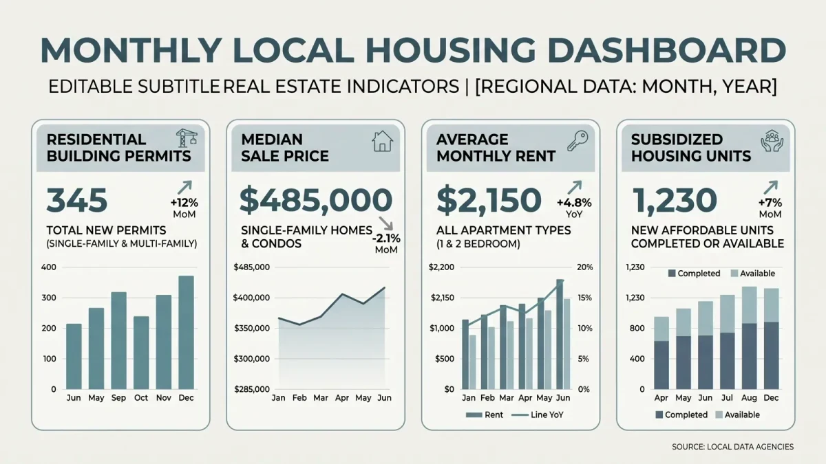 Infographic of a monthly housing brief assembled from four public datasets