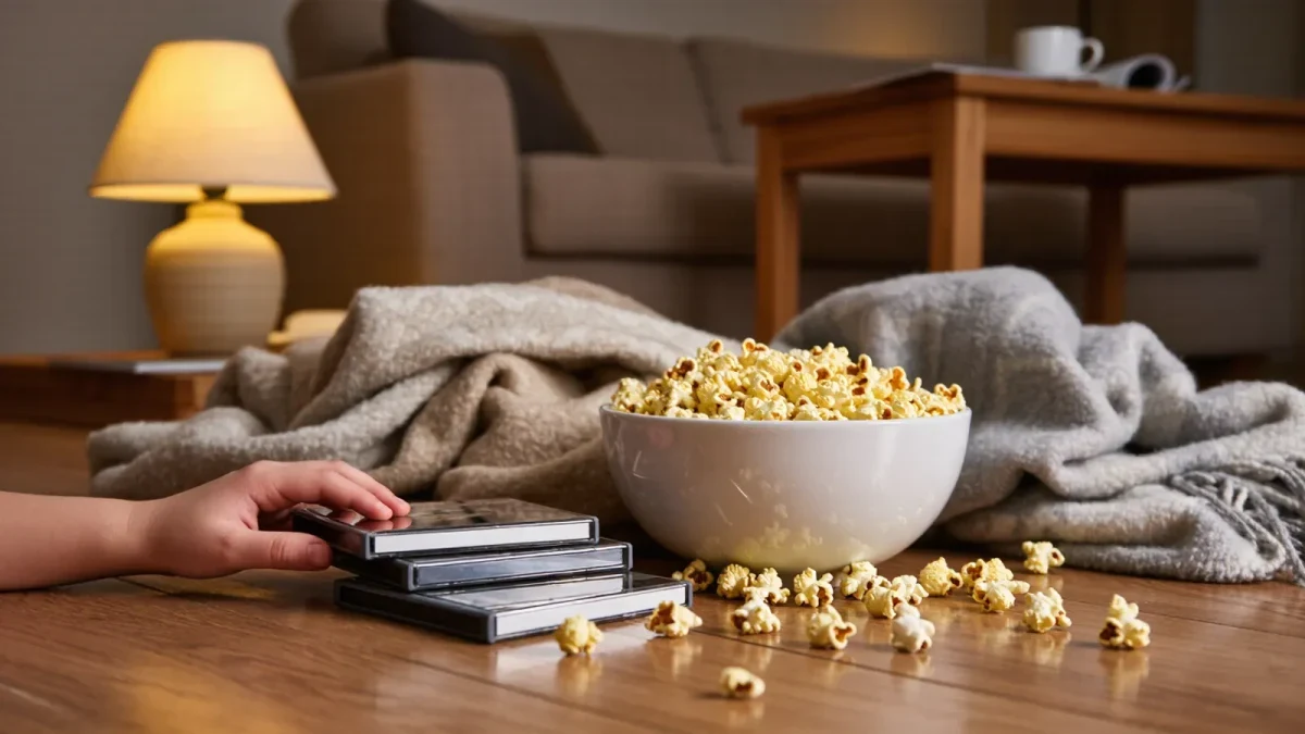 Three movie cases stacked beside popcorn bowl