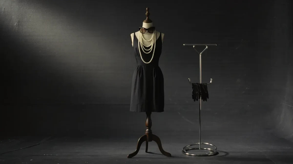 Black cocktail dress with pearls and sunglasses styled on a vintage dress form