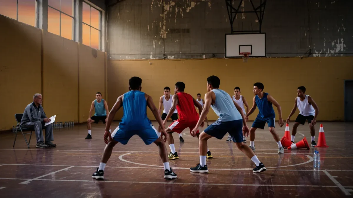 Teenagers playing intense pickup basketball in a city gym