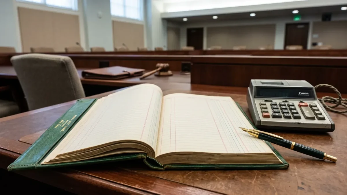 Ledger book and calculator on a committee dais