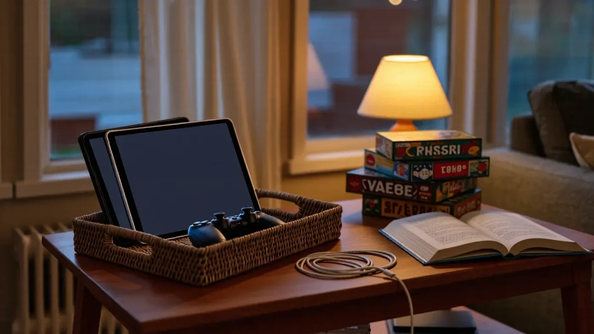 Living room at dusk with tablets parked in a basket, screens off