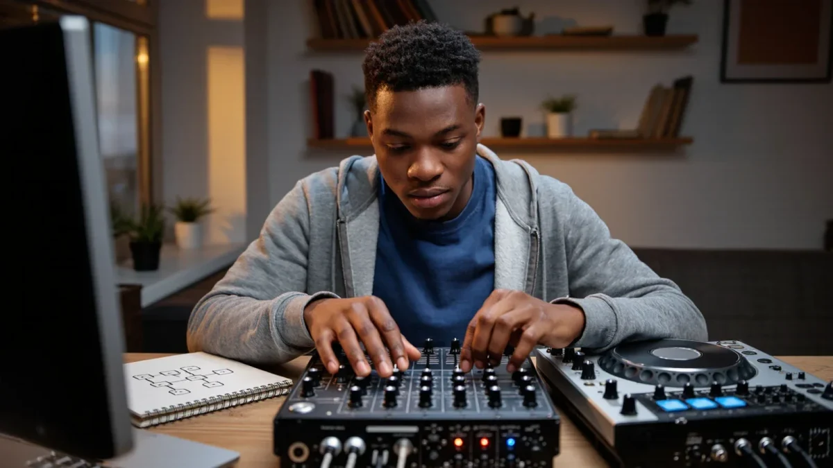 Beginner DJ learning channel faders on a club mixer