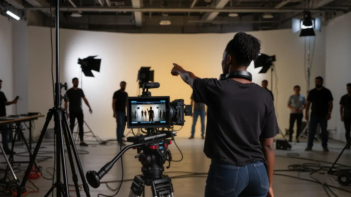 Director seen from behind monitor on television set