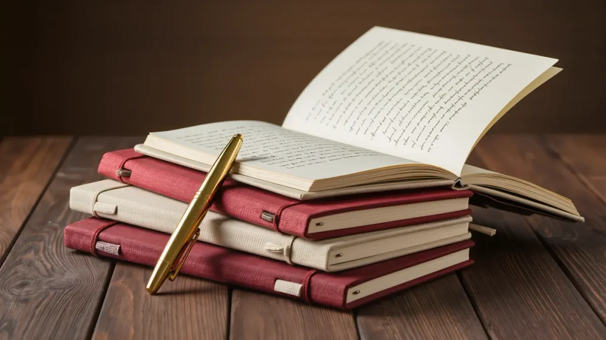 Four vintage notebooks stacked and tied with string beside a brass pen