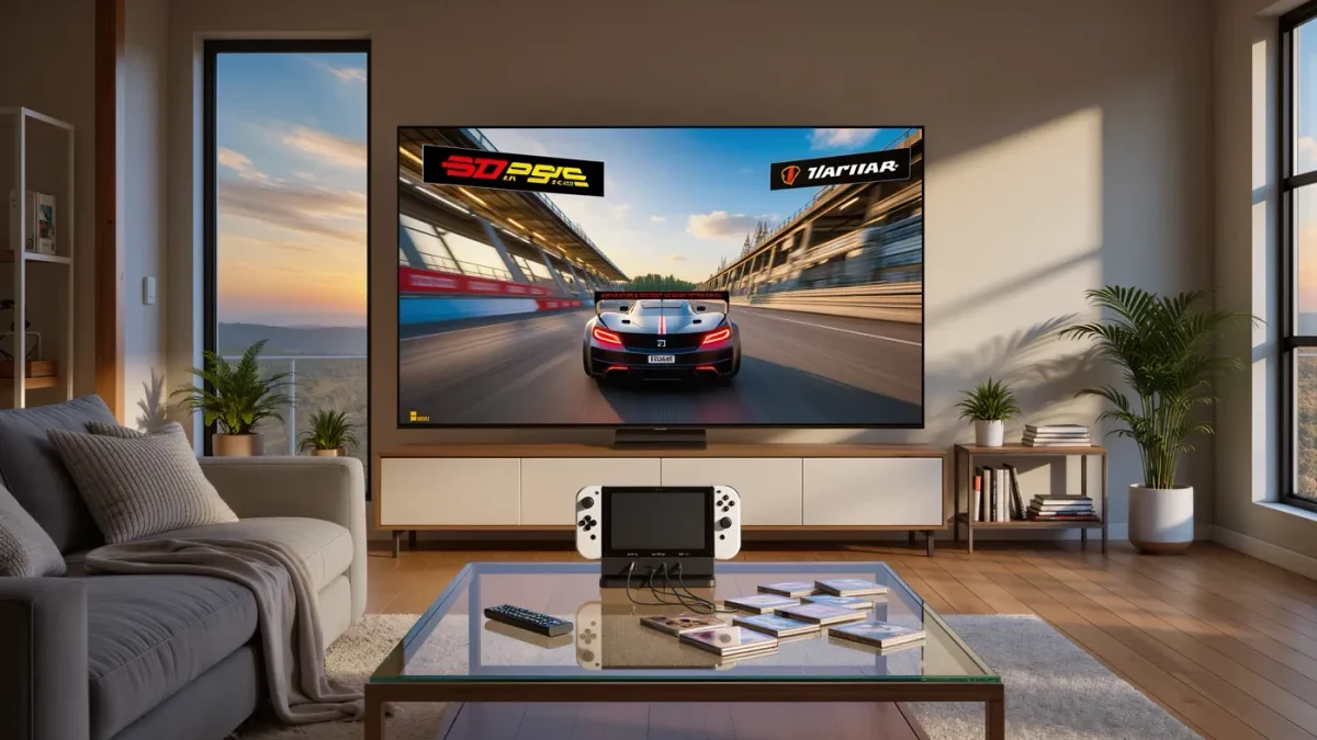 Hybrid handheld console docked beside a living room TV
