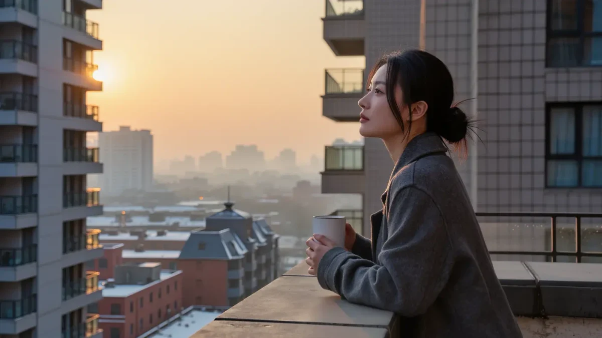 Woman holding coffee on a balcony in early morning light