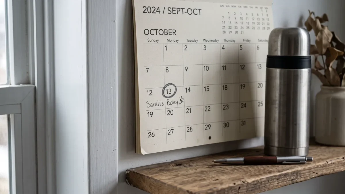 Wall calendar with a future date circled beside a thermos and pen