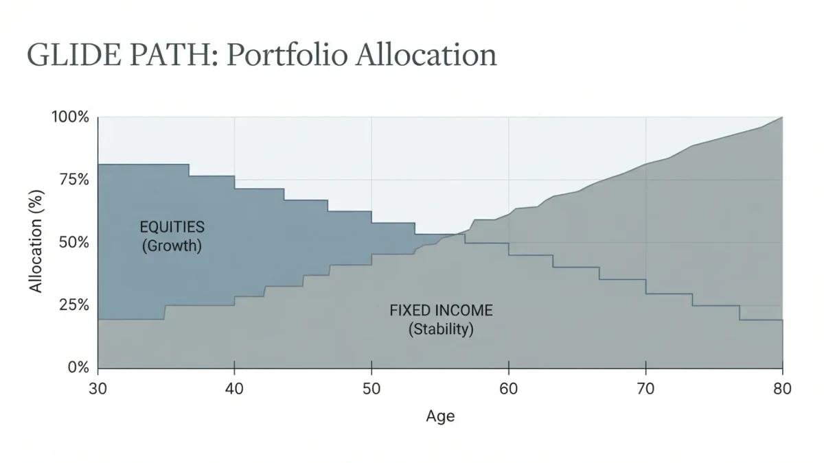 Infographic of a stock-bond mix stepping down by decade