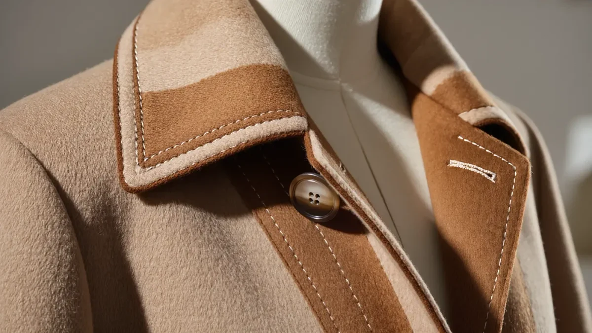 Close-up of a tailored coat's fabric and stitching at a fashion presentation