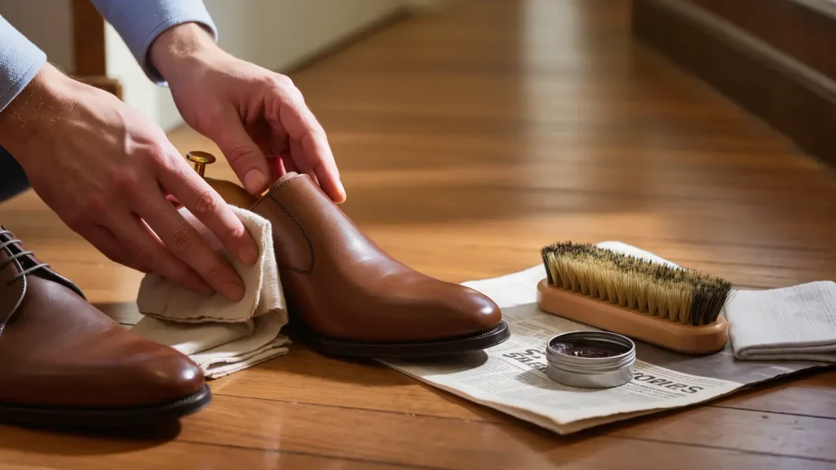 Hands polishing a brown leather shoe with cedar tree and brush nearby