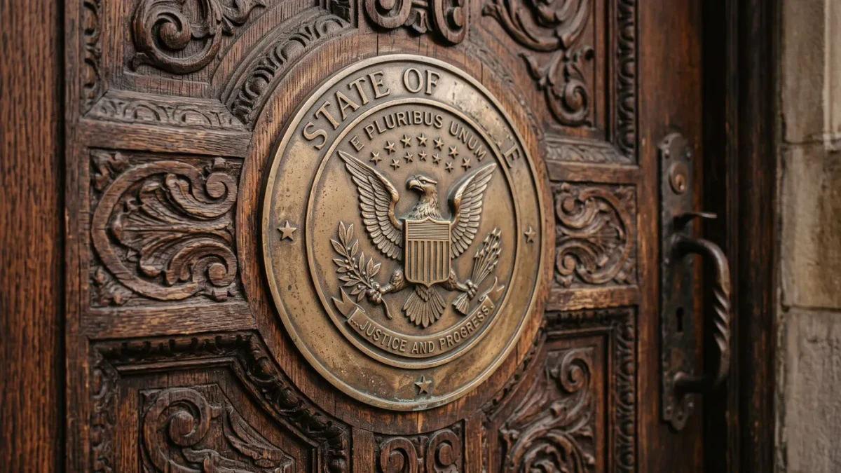 Wooden state seal doors at a capitol building entrance