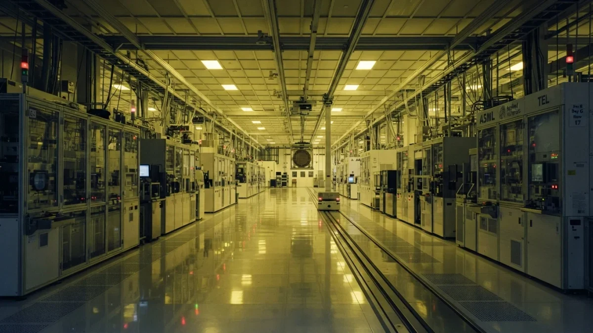 Empty semiconductor fabrication cleanroom with rows of wafer equipment
