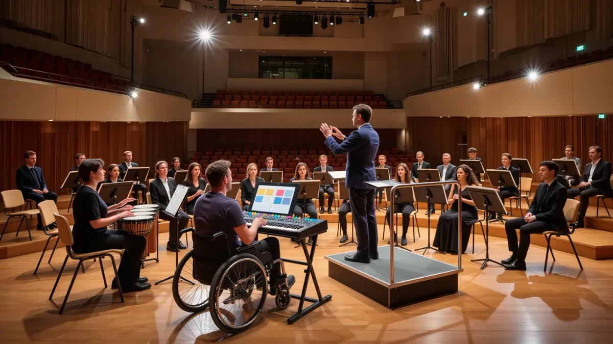 Musicians with adaptive instruments performing in a concert hall