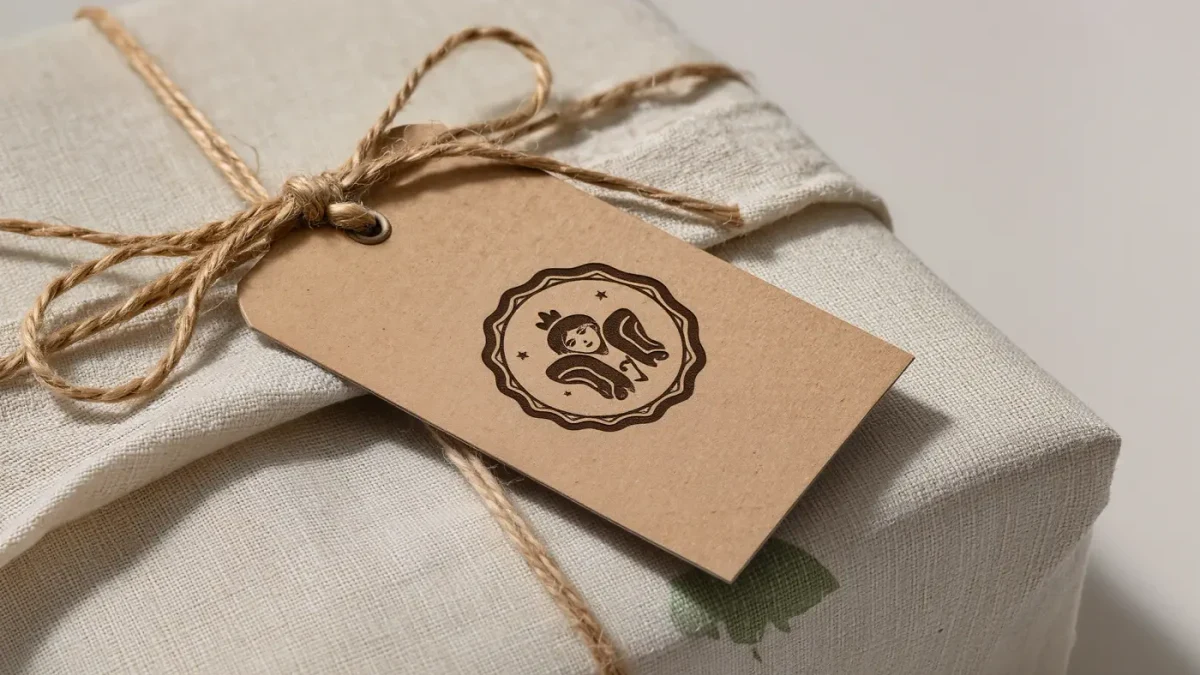 Close-up of a hand-stamped shipping tag on a boutique's packaged order
