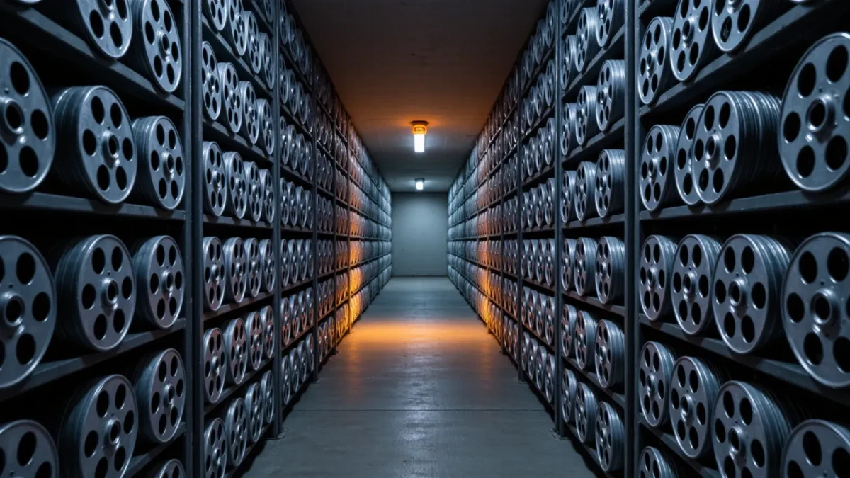 Empty archival vault corridor lined with film canisters