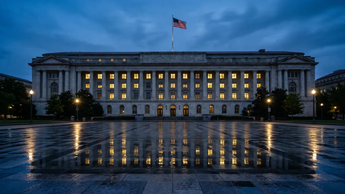 Federal building colonnade across an empty plaza at blue hour