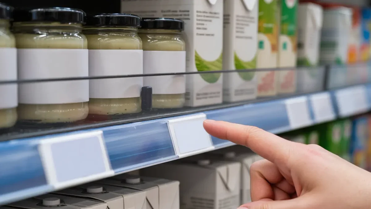 Close-up of a hand comparing unit price tags on grocery shelf edges