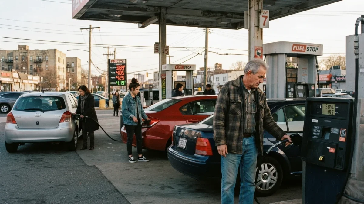 Drivers refueling cars at a busy gas station