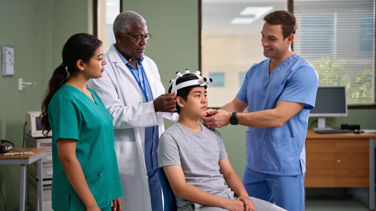 Clinical staff fitting a lightweight sensor helmet onto a seated patient in a hospital room