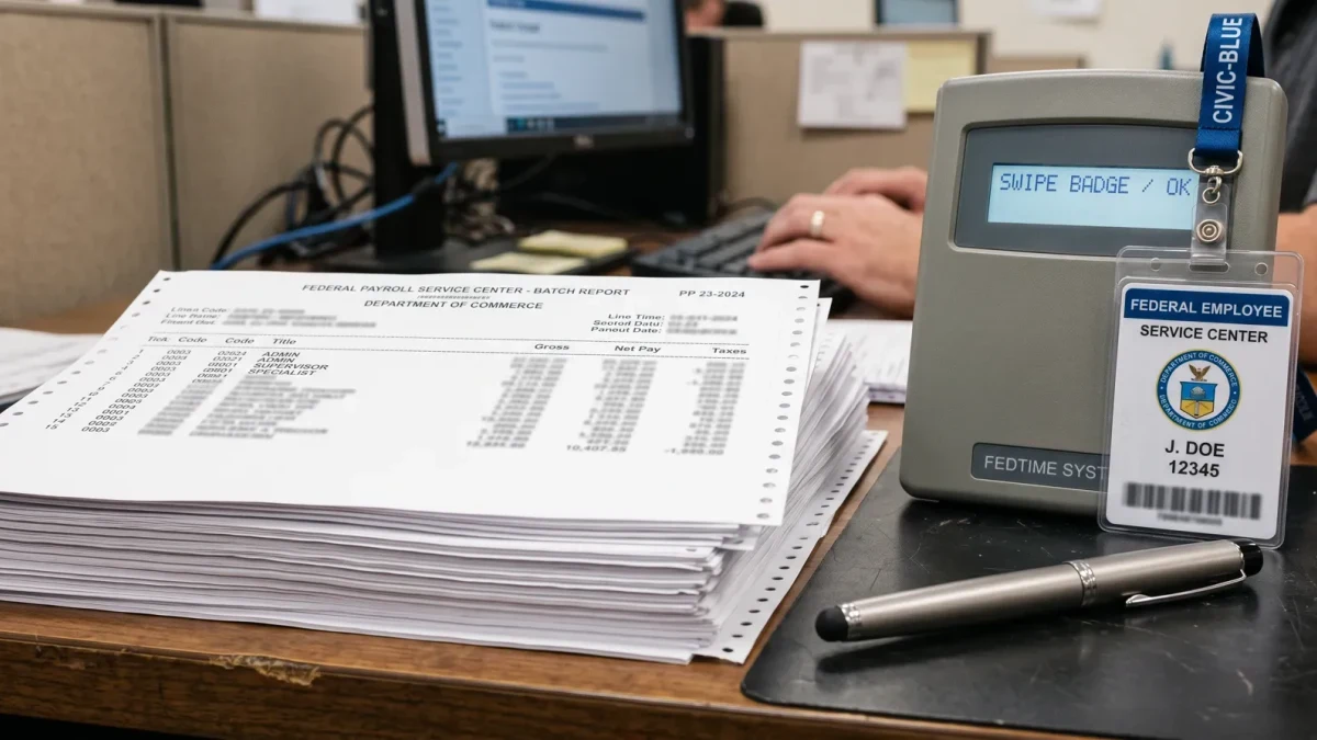 Close-up of a payroll processing workstation in a federal service center