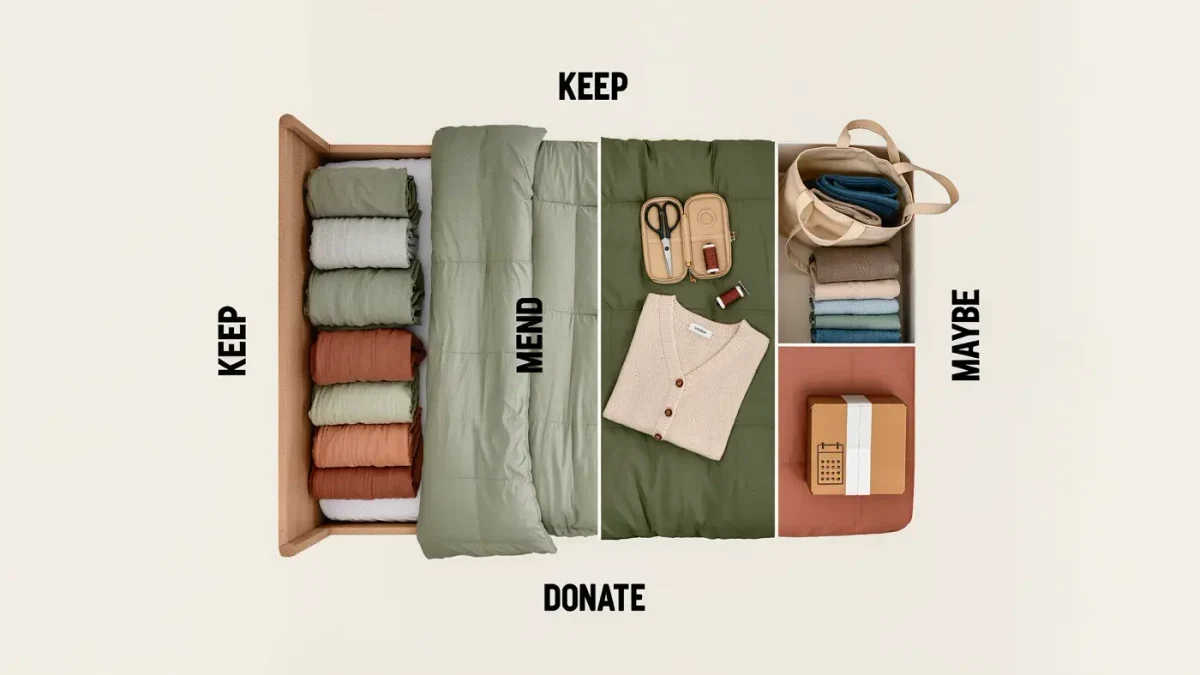 Diagram of four clothing piles labeled keep, mend, donate, and maybe