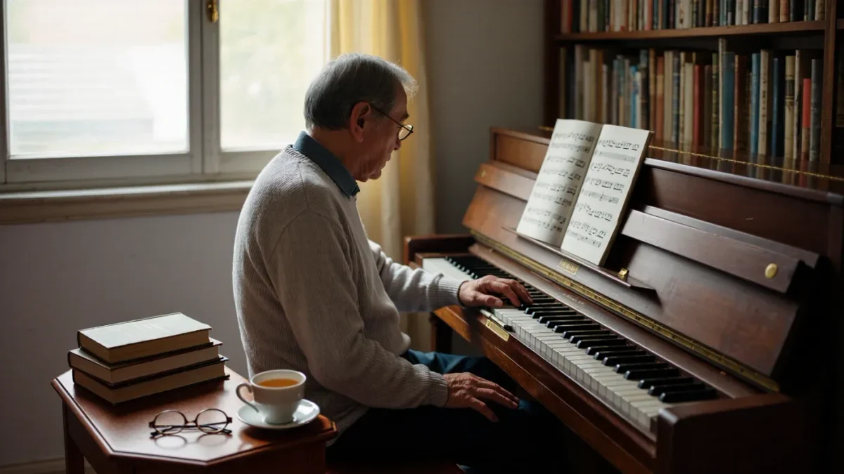 Older composer pausing at an upright piano beside his memoirs
