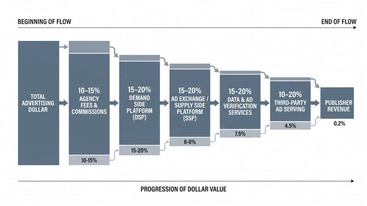 Diagram showing an advertising dollar split across intermediary fees