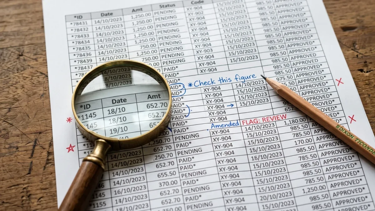 Close-up of a spreadsheet printout annotated by hand across a desk