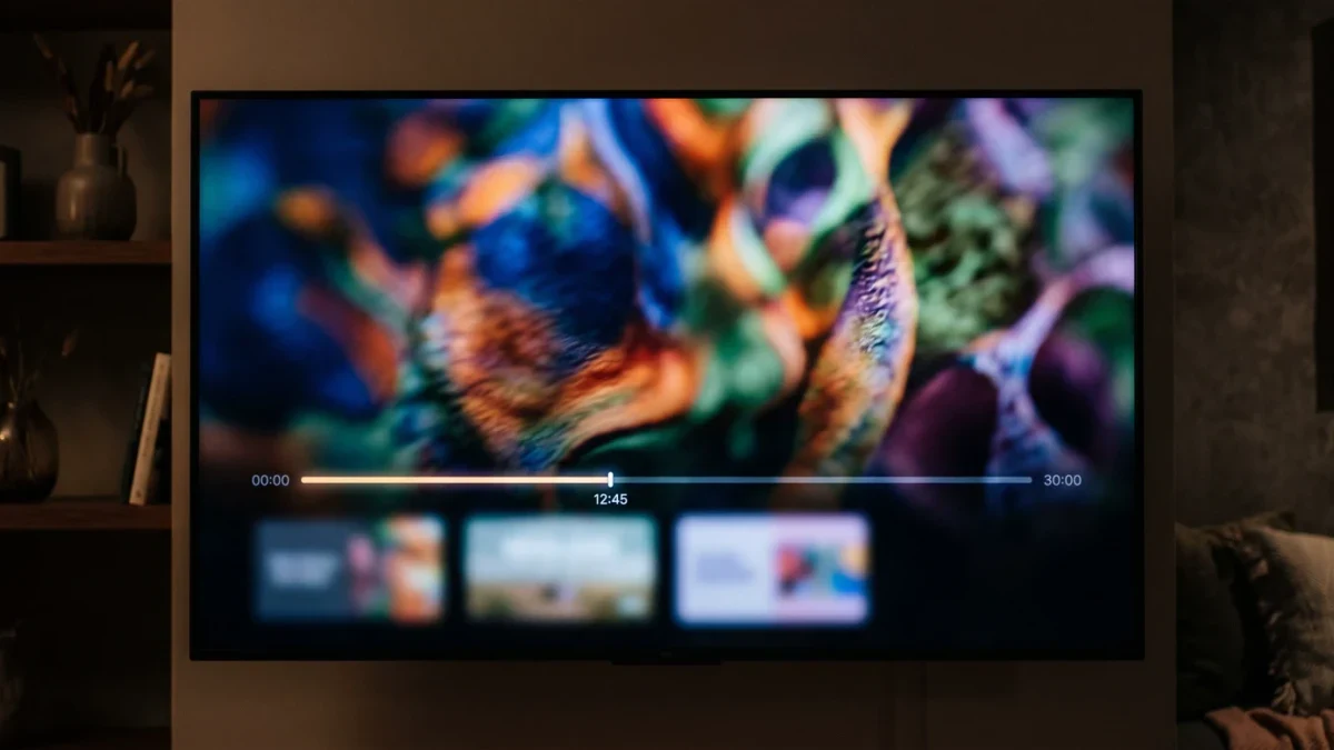 Living room television displaying a streaming interface with pause