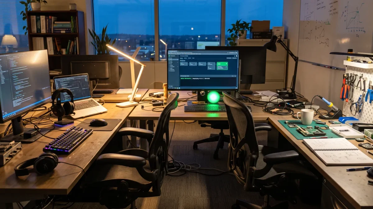 Two adjacent engineer desks with chairs turned toward each other at dusk