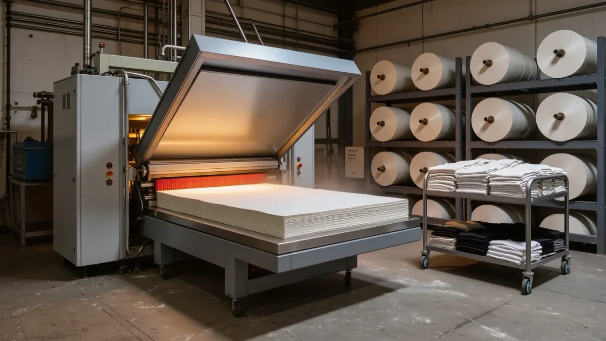 Industrial pleating machine pressing folded fabric between paper layers