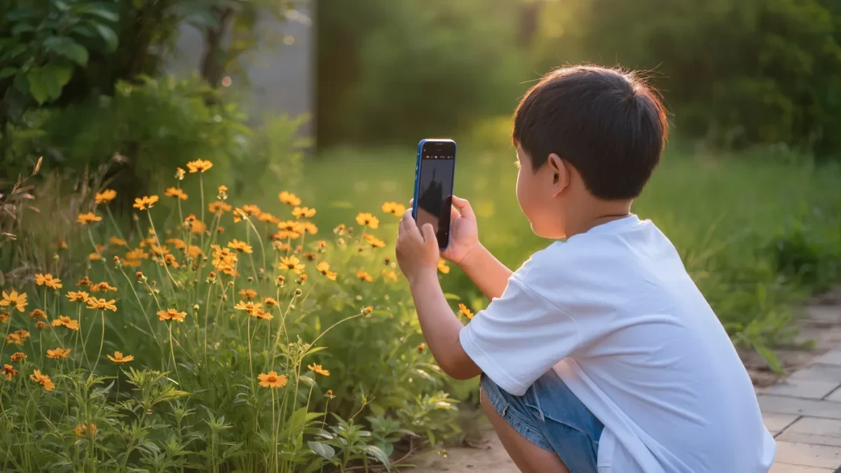 Child photographing flowers with a phone, seen from behind