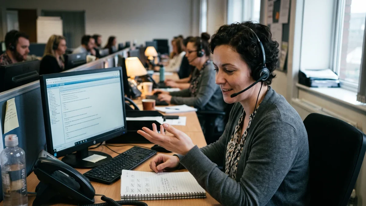Call center interviewer conducting telephone survey at desk