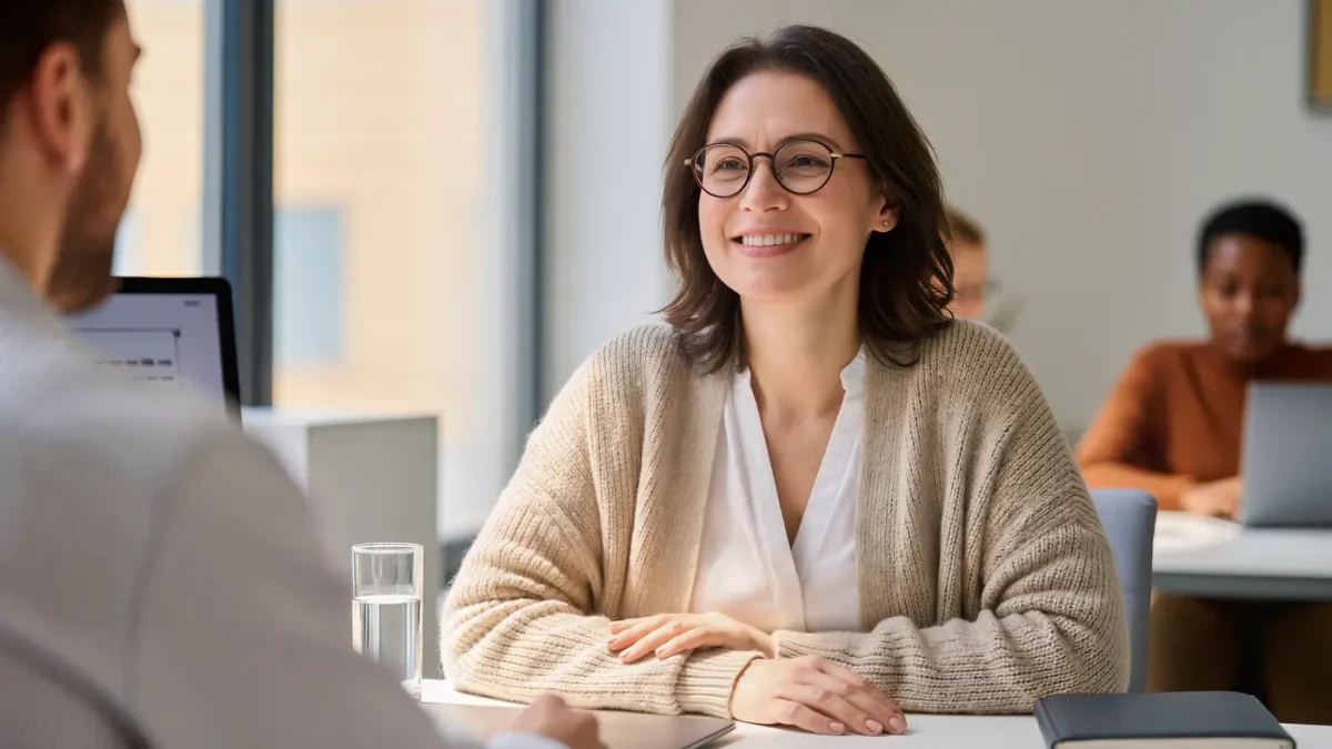 A woman in her fifties working calmly at a bright office desk