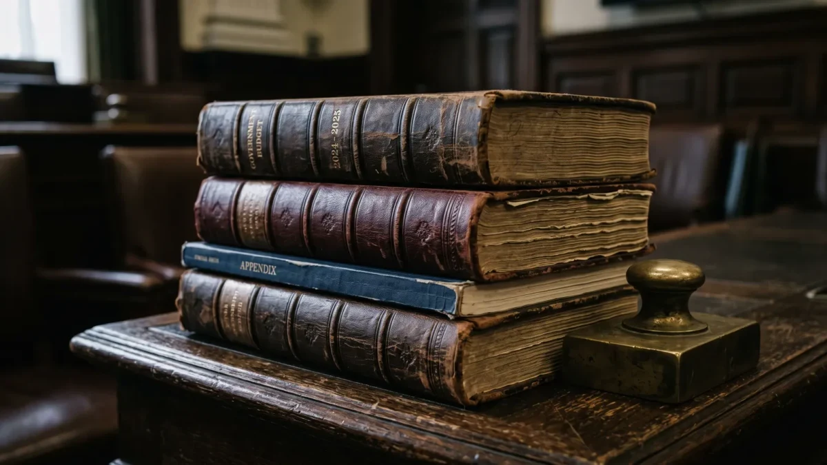 Close-up of thick budget justification volumes stacked on a dais