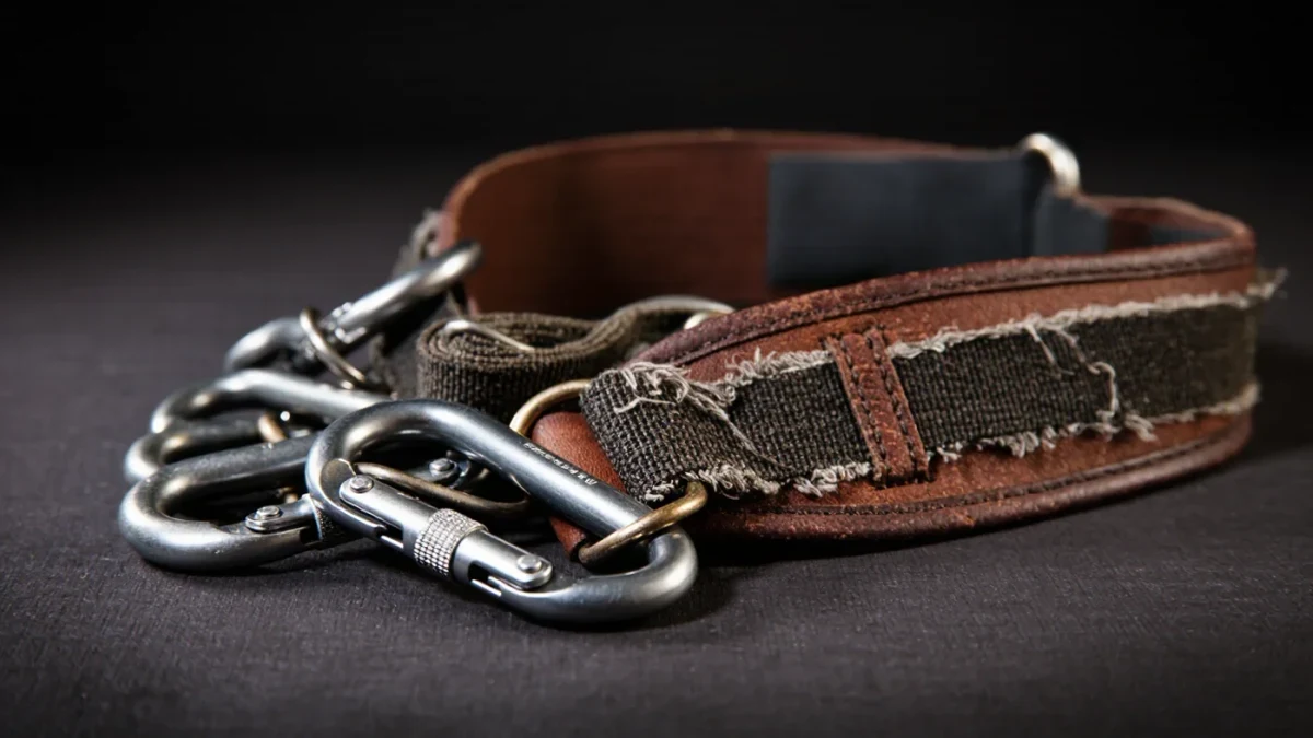Close-up of worn stunt safety harness and rigging hardware